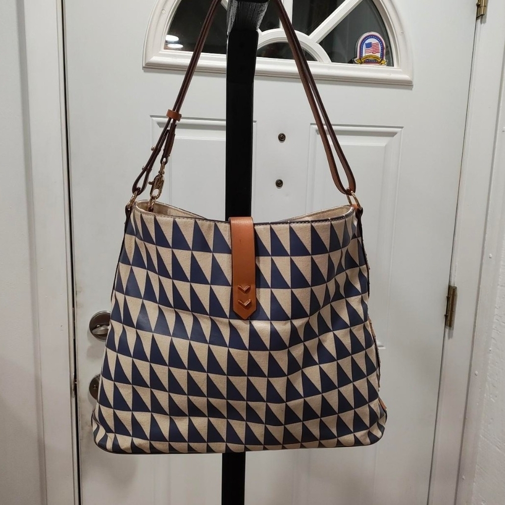 Stella & Dot Blue and Tan Geometric Shoulder Bag
